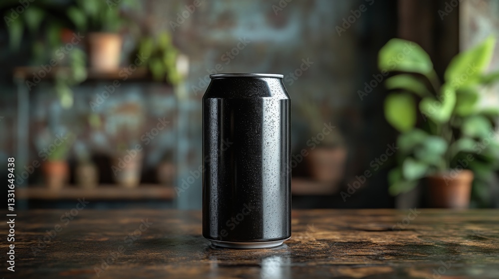 Poster a sleek black soda can stands prominently on a weathered wooden table. the background features lush 