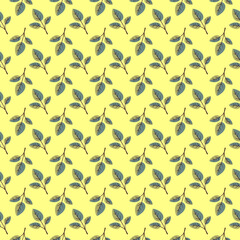 Elegant seamless pattern featuring stylized teal leaves on a pale yellow background.  Perfect for textile design, wallpaper, packaging, and website backgrounds.