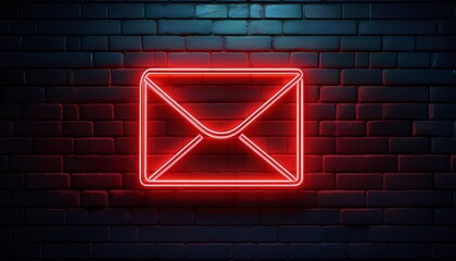 a glowing red neon envelope symbol on a dark brick wall representing email communication and digital messaging