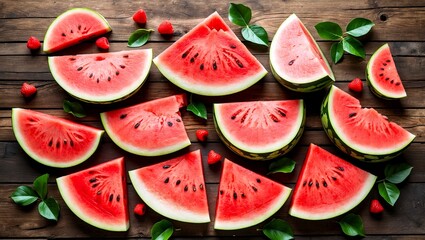Fresh sliced watermelon on rustic wooden surface