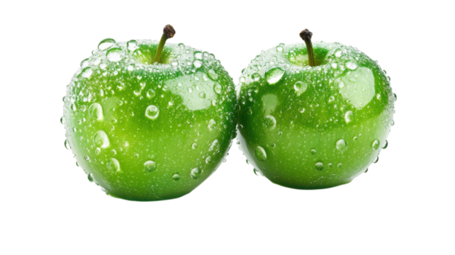 Fresh green apples covered in water droplets on a white background, showcasing their vibrant appearance and texture