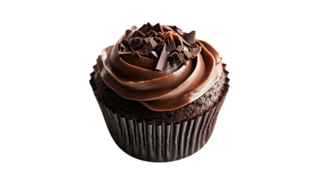 Decadent chocolate cupcake topped with rich frosting and chocolate shavings displayed on a clean background