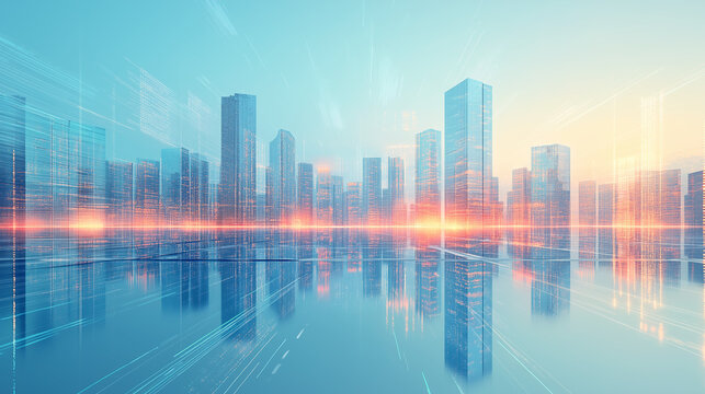 Stylish modern cityscapes, glass skyscrapers, glowing lines of futuristic structures, urban development, technology, corporate Settings and high-tech financial worlds.