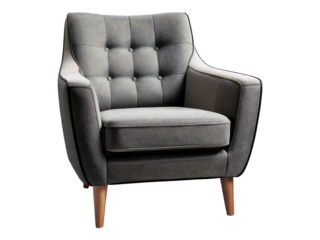 Stylish mid-century modern armchair in grey fabric with light wood legs.