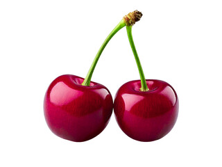 Two ripe, glossy cherries on a clean white background.  Perfect for food blogs, packaging, or health-related projects.  High-resolution image ideal for print and web use.