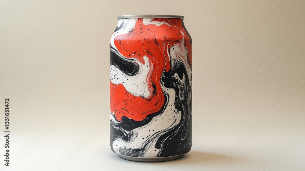 Aufkleber a distinctive aluminum can displays an eye-catching design with swirling patterns of red, black, and