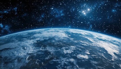 A side angle view shot of planet Earth from a vast starry outer space filled with stars and other planetaries, astronomy with science and technology