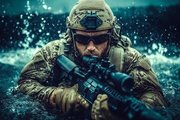 Naklejka premium Amphibious combat training highlights Navy SEAL's readiness with an AR-Equipped with an AR-15, this Navy SEAL demonstrates his prowess after training.