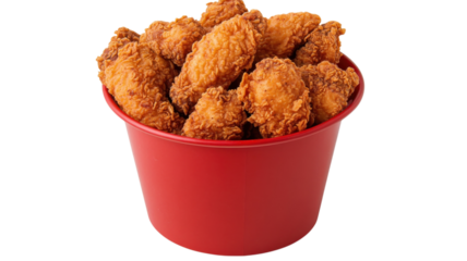 Crispy fried chicken wings served in a red bucket at a casual dining location during lunchtime