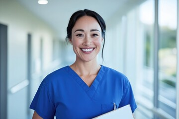 Bright smile of healthcare professional in blue scrubs, radiatin