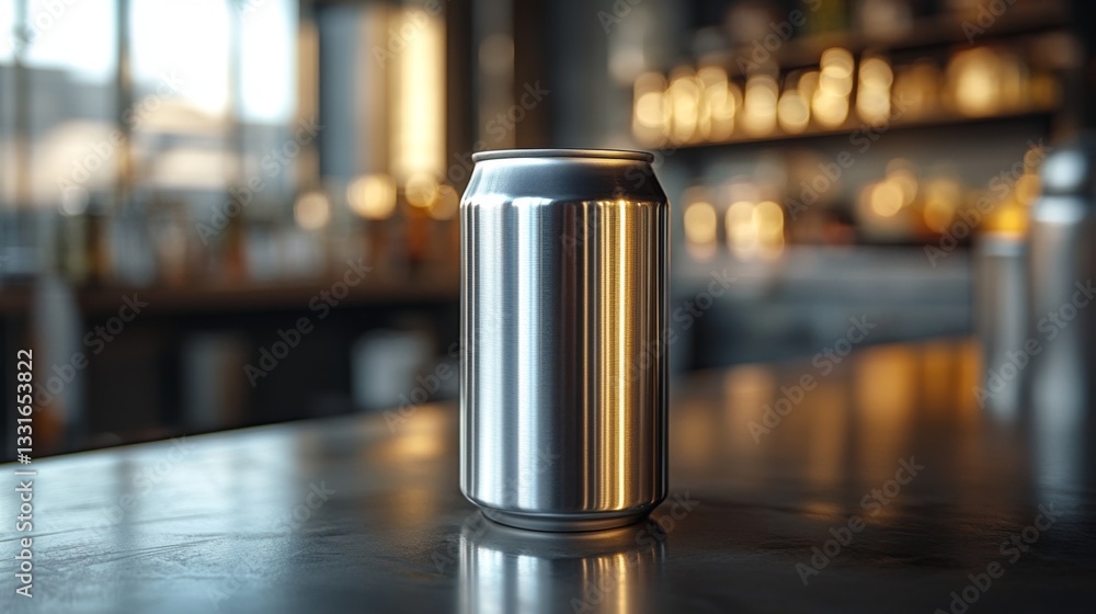 Poster a silver, aluminum can stands upright on a polished bar counter. soft light reflects off its surface