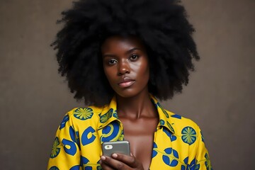 Confident Young Black Woman in Patterned Jacket Using Smartphone, Generative AI