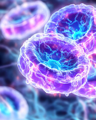 Microscopic cells with vibrant glowing details