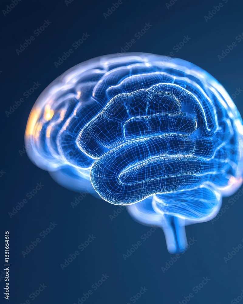 Poster futuristic neon blue brain model representing neural connections and cognitive functionality