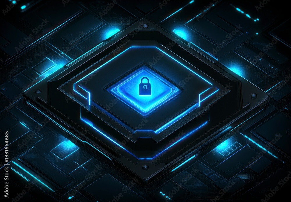 Poster lock symbol on glowing cybernetic platform for data security and privacy