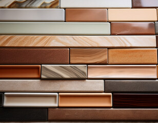 A stack of ceramic tiles in varying shades of earth tones arranged neatly in a grid
