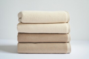 Soft, neatly stacked towels in neutral tones, showcasing texture
