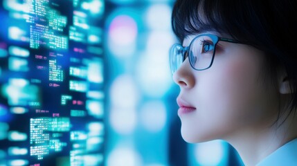 Data Analyst: A close-up shot of a data analyst immersed in a world of data visualization, staring intently at a digital interface.