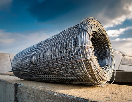 A woven wire mesh roll resting diagonally on a concrete ledge, symbolizing strength and flexibility in construction