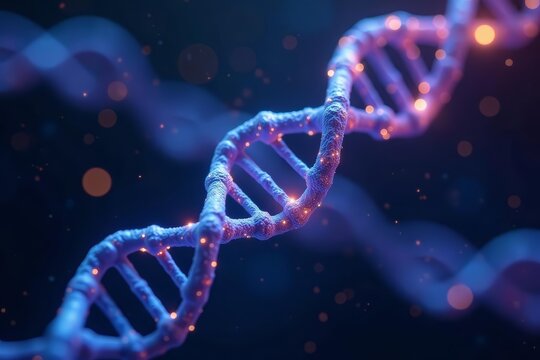 Illuminated glowing blue DNA molecule spinning with luminous particles, genome, genetic code - Powered by Adobe