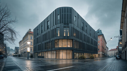 Obraz premium Modern office building illuminating empty city street at dusk