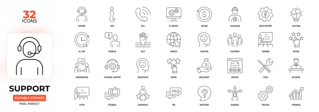 Support Line Icon Set. Technical Dissatisfied, Communication,  Call Center, Information, Leadership, Editable Stroke.