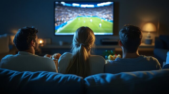 Friends watching sports game on TV at home, backs to camera, enjoying snacks in dim light.