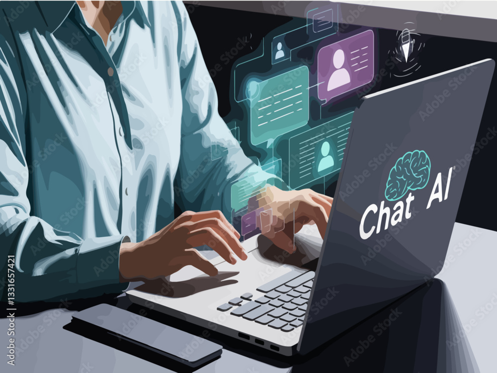 Poster interacting with ai chatbot on laptop, futuristic technology, artificial intelligence, chatgpt, digi