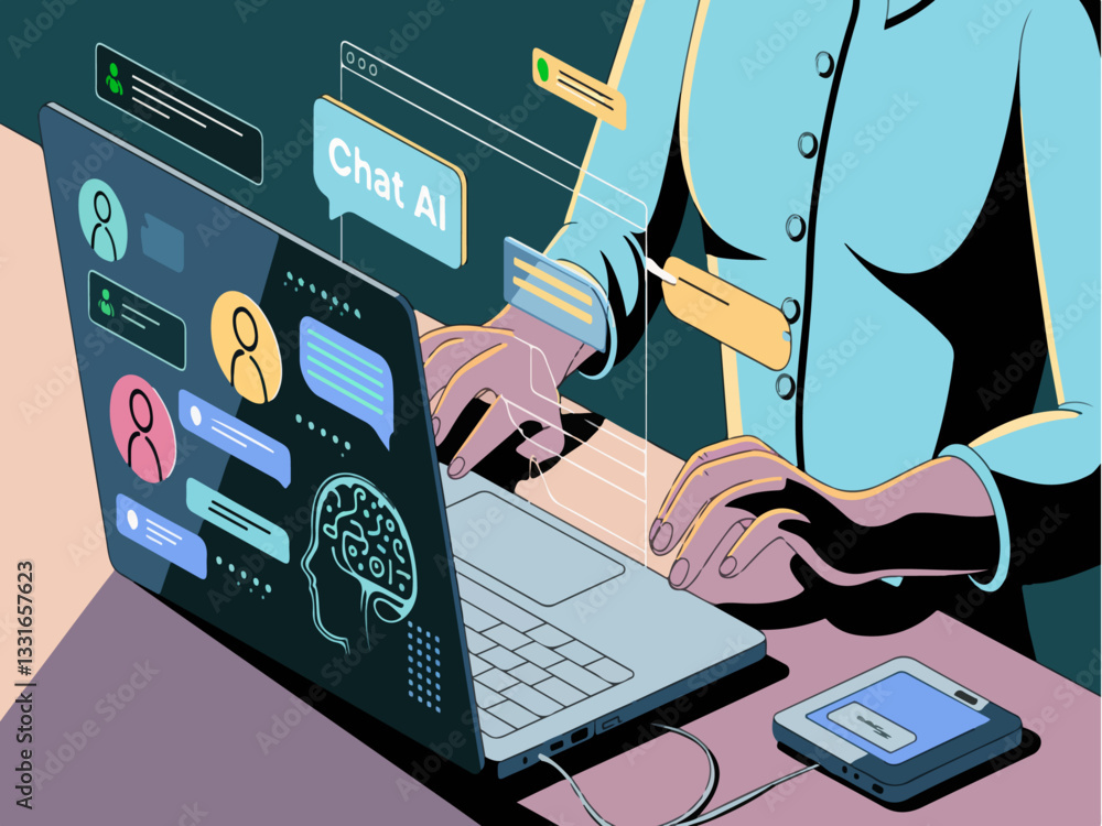 Aufkleber using laptop, interacting with ai chatbot. futuristic technology concept. artificial intelligence, c