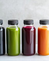 Fresh Organic Juices in Glass Bottles Colorful Selection of Healthy Beverages on Gray Background