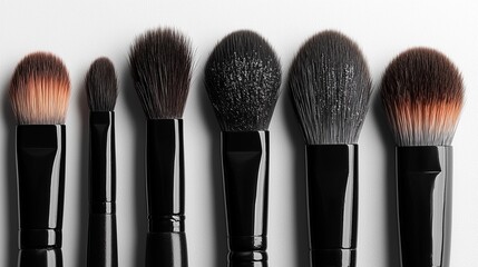 Closeup of Makeup brushes against a solid white background
