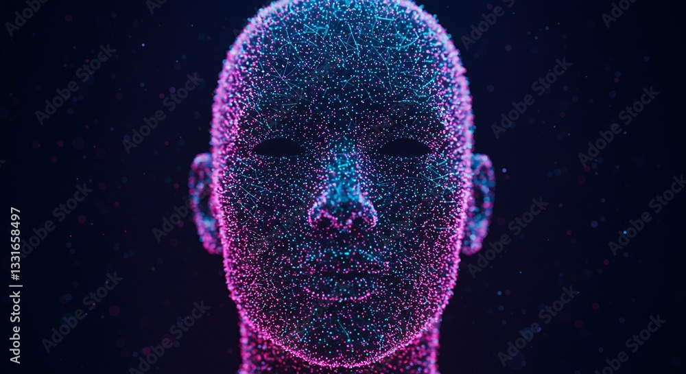 Poster abstract human face created from connected dots on dark background