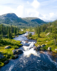 Serene mountain river cascading through lush green valley