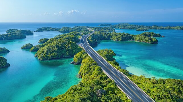 An expressway crossing an archipelago provides a panoramic view of turquoise waters and lush green islands scattered around beneath a clear blue sky.