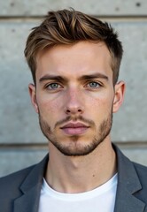 Obraz premium Portrait of Young Man with Light Brown Hair and Blue Eyes