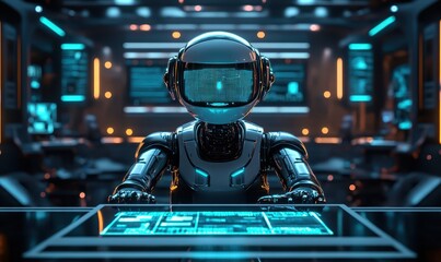 A humanoid robot news anchor, sitting behind a sleek news desk in a high-tech TV studio, reading the latest headlines from a glowing holographic screen. The studio has vibrant lighting 