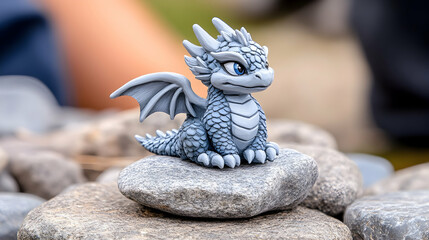 Small, gray dragon figurine perched on rocks