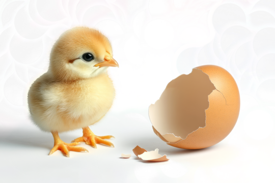  cute little chick next to an eggshell 