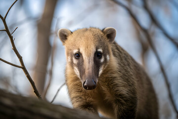 Obraz premium Tejon closeup with long nose and fluffy brown fur in outdoor environment