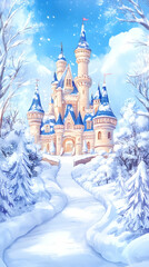 Fototapeta premium Snowy fairytale castle nestled in winter wonderland