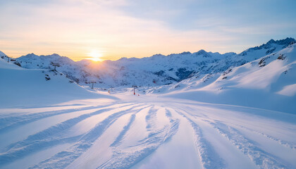 Snowy ski slopes at sunset in the mountains