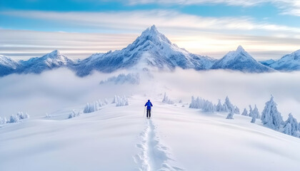 Solitary figure on a snow-covered mountain path