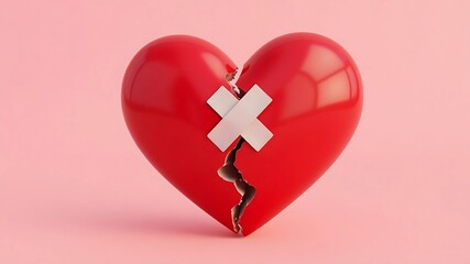 Obraz premium Mending a broken heart. A damaged red heart with fractures and a white bandage represents emotional healing. Love loss, Overcoming pain, Relationship recovery