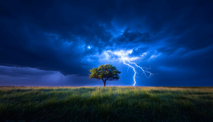 Stormy night, lone tree