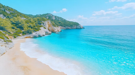 Obraz premium Stunning coastal scenery with turquoise water, white sand beach, and lush green hills