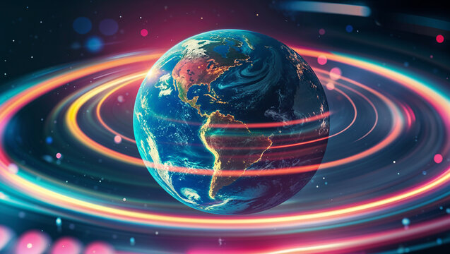 Planet earth rotating showing american continent surrounded by colorful light trails