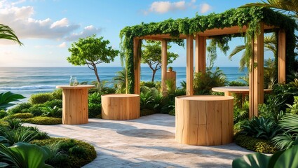 Fototapeta premium Nature inspired podiums surrounded by ocean greenery