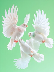 Obraz premium Three white doves in flight against a light green background