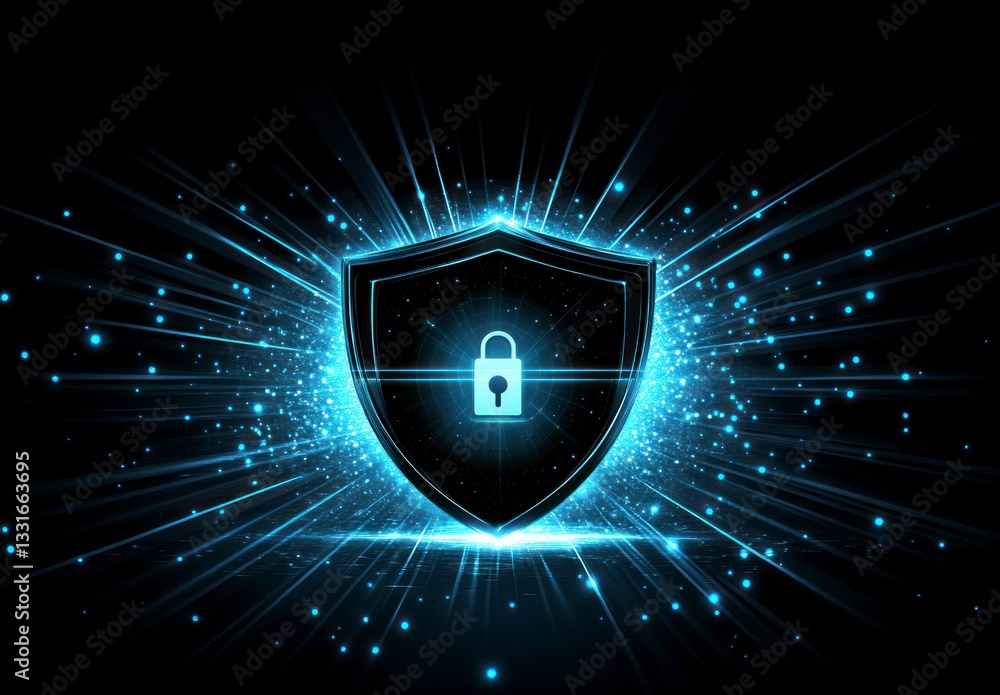 Poster glowing shield with padlock showing secure digital data protection