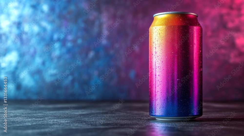 Leinwandbilder a can of a colorful beverage stands on a textured surface, covered in water droplets. the background